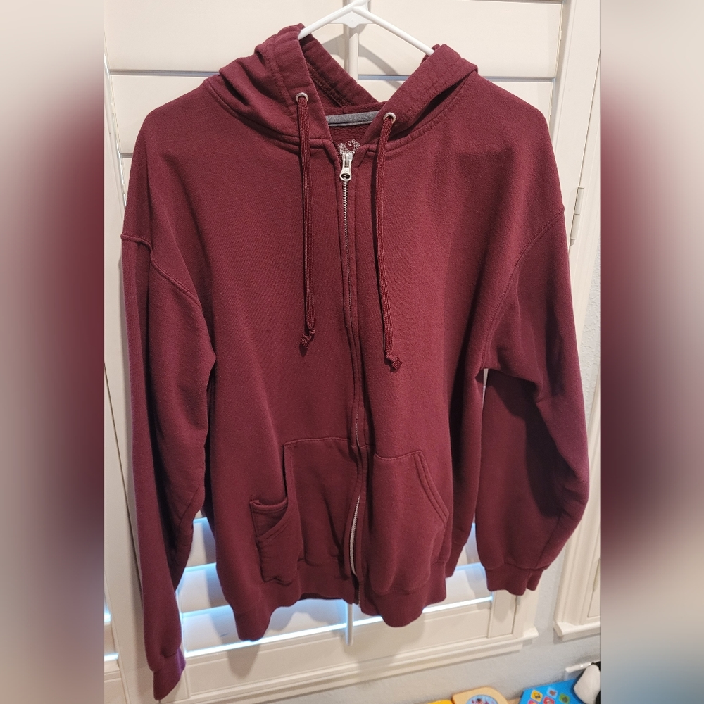 Fruit of the loom zip hoodie sweatshirt mens Large maroon burgandy
